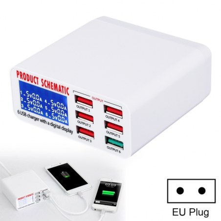 40W QC 3.0 Chargeur rapide 6 ports USB avec affichage numérique LCD, prise UE