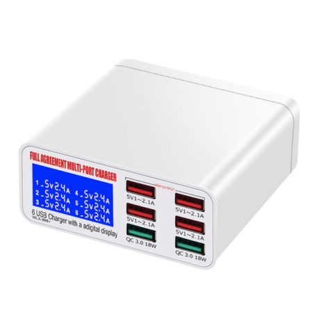40W QC 3.0 Chargeur rapide 6 ports USB avec affichage numérique LCD, prise UE