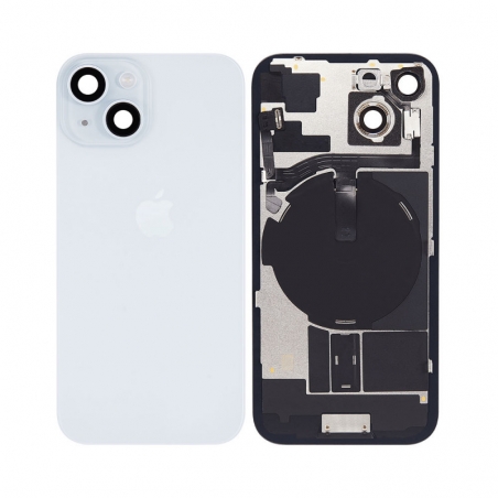 VITRE ARRIERE IPHONE 15 PLUS BLEU + LENS + MAGSAFE + NAPPE FLASH ET MICRO