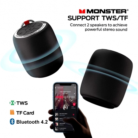 Monster - S110 - Boombox Bluetooth - 8H d'Autonomie - Pure Sound - Compacte et Légère - Résiste à l'eau - Noir