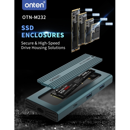 BOITIER SSD NVME 10GBITS + USB & TYPE-C PORT ONTEN N232