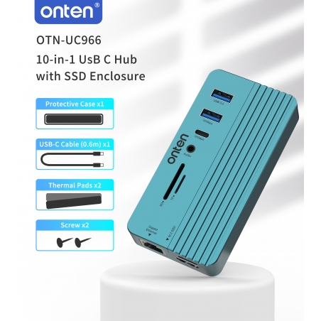 BOITIER SSD NVME + ADAPTATEUR 7-1 HDMI, JACK, 3x TYPE-C, 2x USB, SD MICRO SD, RJ45 10GBITS ONTEN