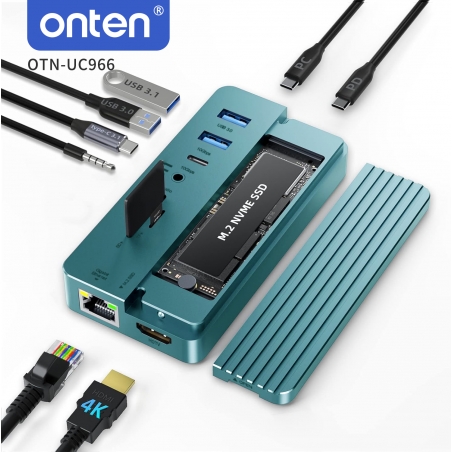 BOITIER SSD NVME + ADAPTATEUR 7-1 HDMI, JACK, 3x TYPE-C, 2x USB, SD MICRO SD, RJ45 10GBITS ONTEN
