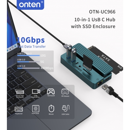 BOITIER SSD NVME + ADAPTATEUR 7-1 HDMI, JACK, 3x TYPE-C, 2x USB, SD MICRO SD, RJ45 10GBITS ONTEN