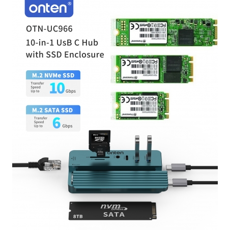 BOITIER SSD NVME + ADAPTATEUR 7-1 HDMI, JACK, 3x TYPE-C, 2x USB, SD MICRO SD, RJ45 10GBITS ONTEN