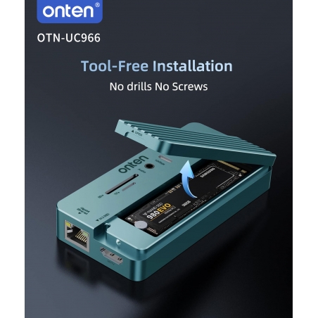 BOITIER SSD NVME + ADAPTATEUR 7-1 HDMI, JACK, 3x TYPE-C, 2x USB, SD MICRO SD, RJ45 10GBITS ONTEN