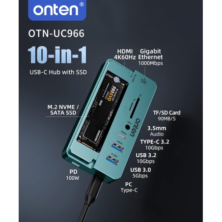 BOITIER SSD NVME + ADAPTATEUR 7-1 HDMI, JACK, 3x TYPE-C, 2x USB, SD MICRO SD, RJ45 10GBITS ONTEN