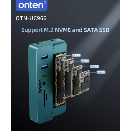 BOITIER SSD NVME + ADAPTATEUR 7-1 HDMI, JACK, 3x TYPE-C, 2x USB, SD MICRO SD, RJ45 10GBITS ONTEN