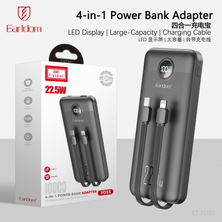 POWER BANK 10000Mah CABLE TYPE-C & LIGHTNING LCD EARLDOM PD55