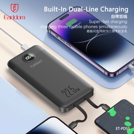 POWER BANK 10000Mah CABLE TYPE-C & LIGHTNING LCD EARLDOM PD55