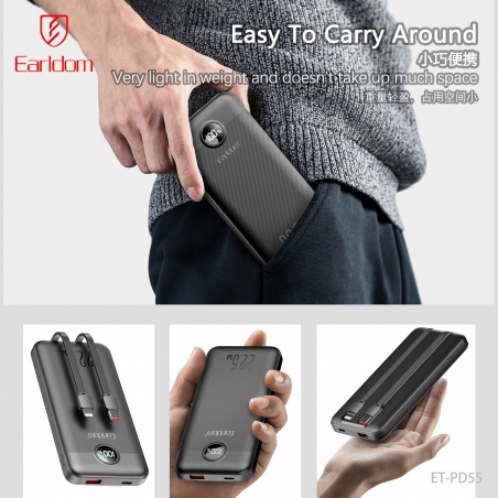 POWER BANK 10000Mah CABLE TYPE-C & LIGHTNING LCD EARLDOM PD55