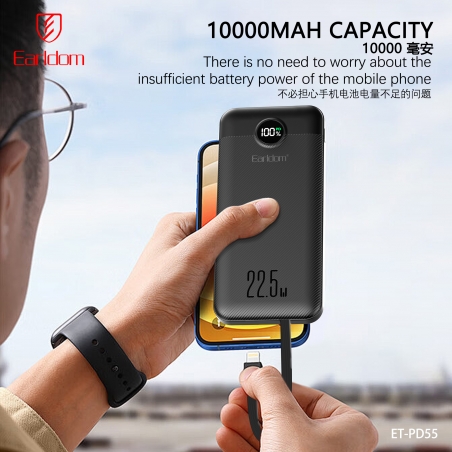 POWER BANK 10000Mah CABLE TYPE-C & LIGHTNING LCD EARLDOM PD55