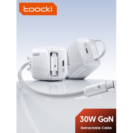 Chargeur rapide USB GaN 30W Toocki avec câble rétractable 2-en-1 Type-C