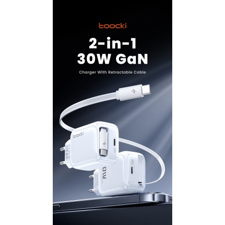 Chargeur rapide USB GaN 30W Toocki avec câble rétractable 2-en-1 Type-C